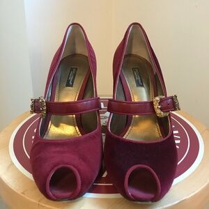 Dolce & Gabbana Burgundy Peep-Toe Mary Jane Heels with Gold Buckles